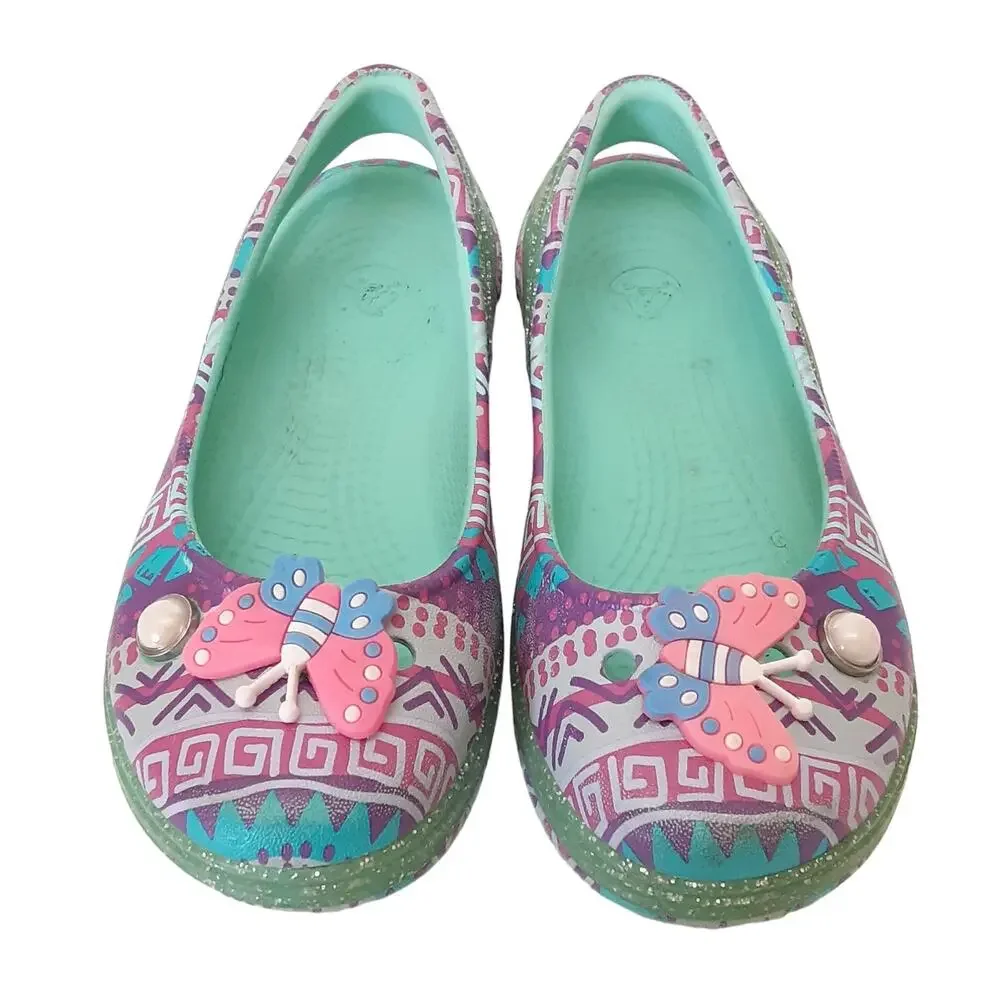 Crocs Genna II Ballet Flats Glitter Sparkle Slingback Dress Shoe Girls 11 Green
